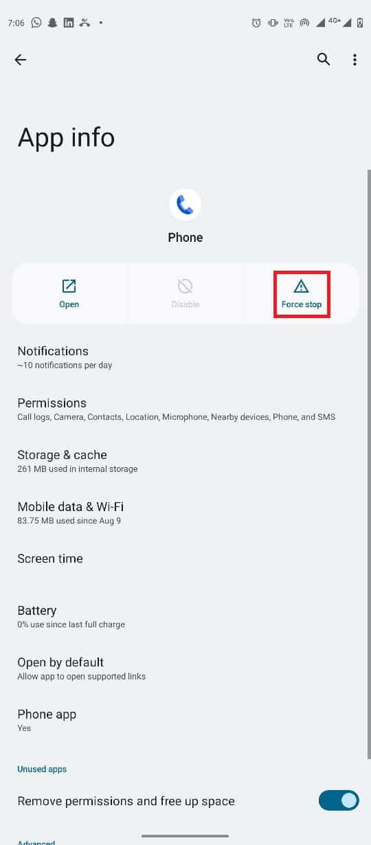 找到并点击强制停止图标。修复 Android 屏幕在通话期间变黑的十大方法