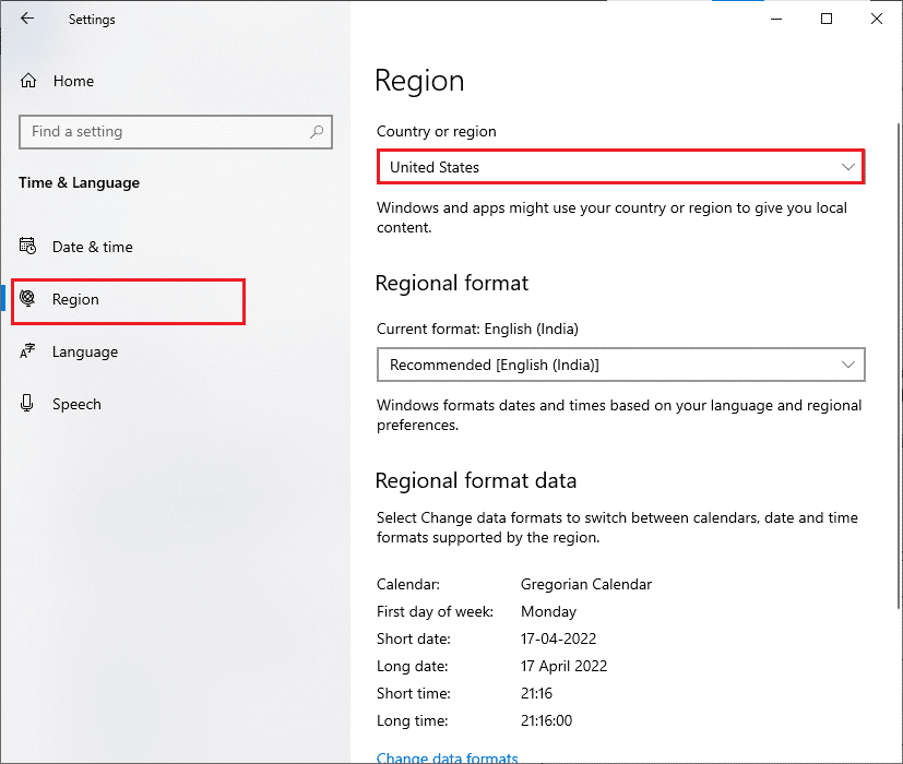 cambie a la pestaña Región. Solucionar el error Try That Again en Microsoft Store