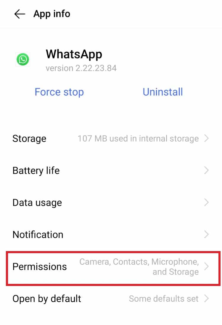 Toque en Permisos. 7 formas de arreglar WhatsApp que no sincroniza contactos en Android