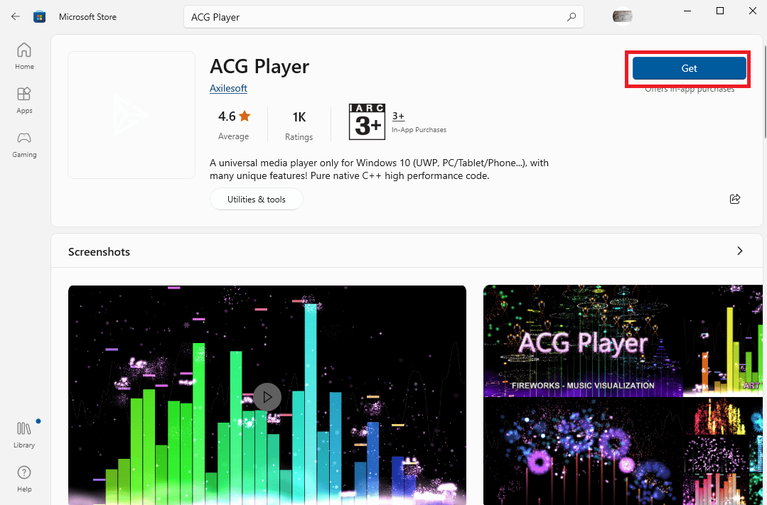 Haga clic en ACG Player en los resultados de búsqueda y luego haga clic en el botón Obtener para iniciar la descarga
