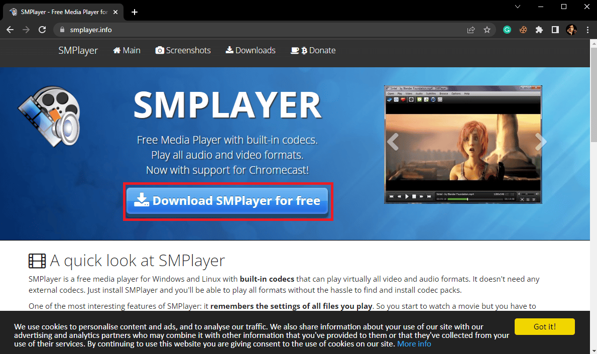 Haga clic en el botón Descargar SMPlayer gratis