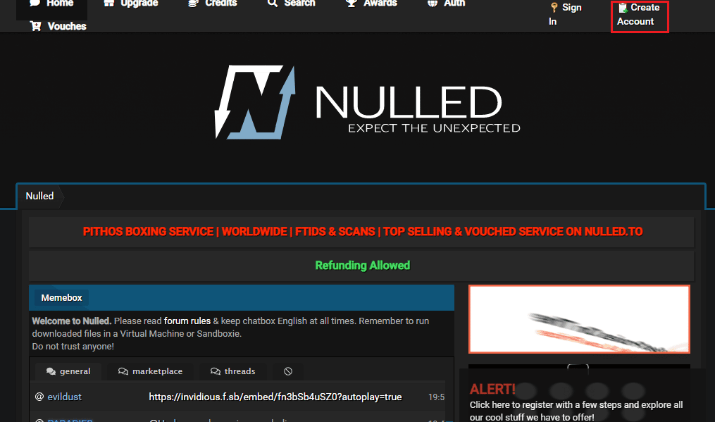 Abra el sitio web oficial de Nulled y haga clic en la opción Crear cuenta