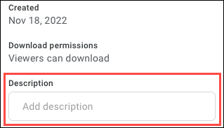 Beschreibungsfeld für eine Google Drive-Datei