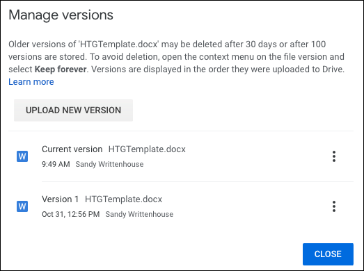 Fenster „Versionen verwalten“ in Google Drive