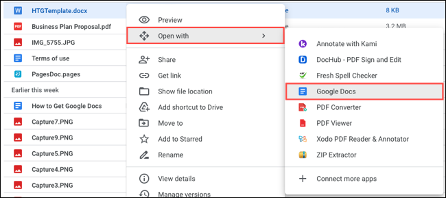 Open With Google Docs für eine Word-Datei