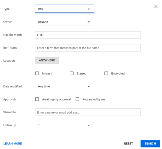 Suchoptionen in Google Drive
