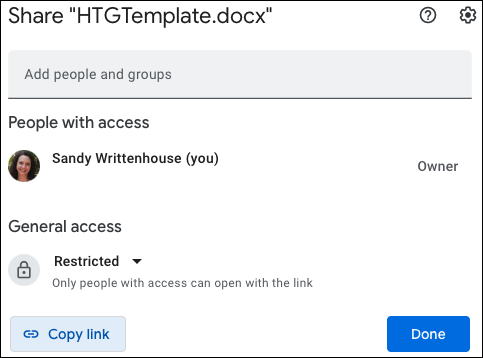 Kopier- und Freigabeoptionen für einen Google Drive-Link