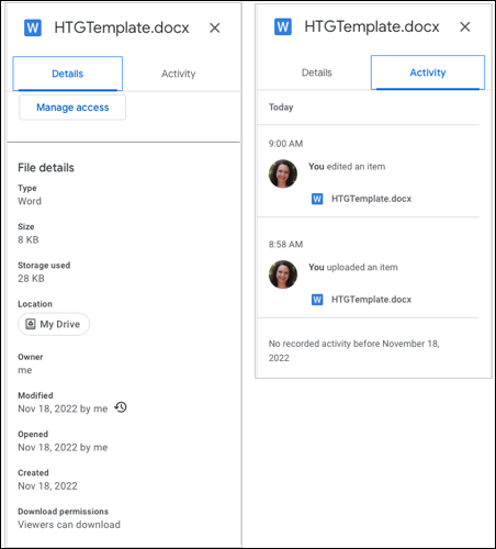 Details und Aktivität für eine Datei in Google Drive
