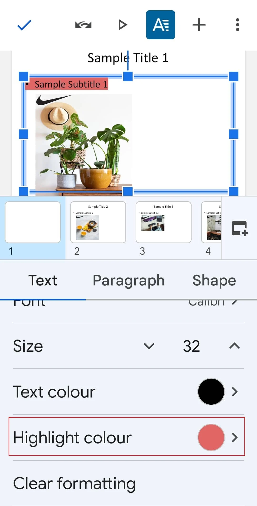 点击 Google Slides android 应用程序中的突出显示颜色