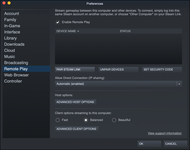 Preferencias de emparejamiento de Steam Link