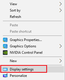 fare clic con il pulsante destro del mouse sul desktop e selezionare Impostazioni schermo | Fix File Explorer non si apre in Windows 10