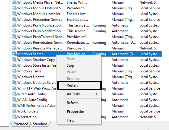Fare clic con il pulsante destro del mouse su Ricerca di Windows