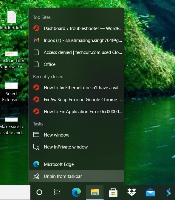Icona di Esplora file a destra sulla barra delle applicazioni, quindi fare clic su Sblocca dalla barra delle applicazioni