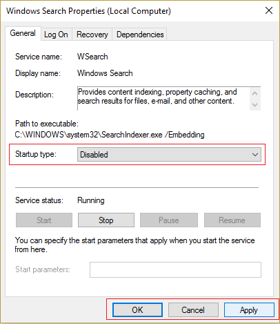 impostare Tipo di avvio su Disabilitato per il servizio di ricerca di Windows