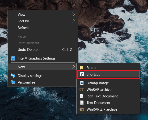 Fare clic con il pulsante destro del mouse su qualsiasi area vuota/vuota del desktop e selezionare Nuovo seguito da Collegamento