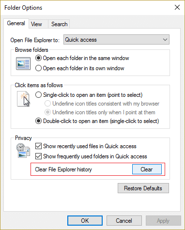 fare clic sul pulsante Cancella cronologia di Esplora file per correggere Esplora file che non si apre in Windows 10