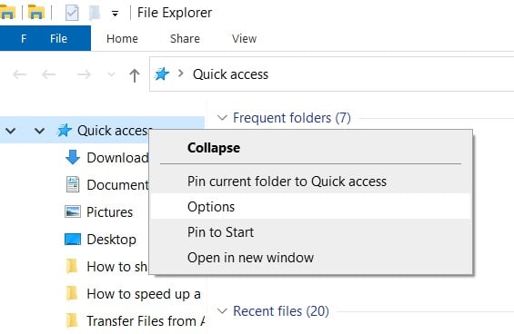 Fare clic con il pulsante destro del mouse su Accesso rapido e selezionare Opzioni | Fix File Explorer non si apre in Windows 10