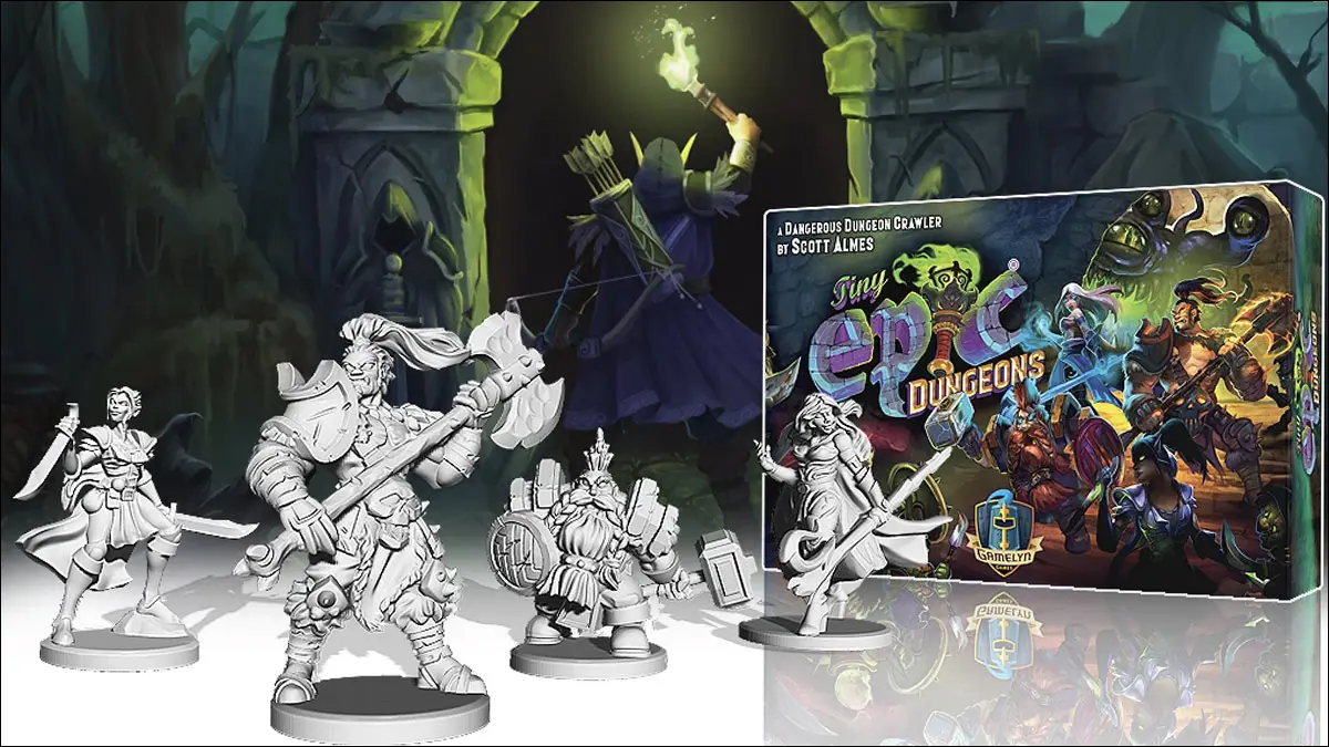 ゲームTiny Epic Dungeonのファンタジーフィギュアとカバーアート。