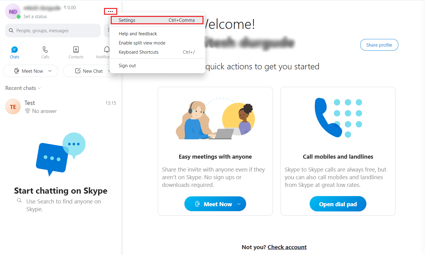 คลิกที่ไอคอนสามจุด - ตัวเลือกการตั้งค่าจากมุมซ้ายบน | ตัวเลือกมุมมองหน้าจอ Skype