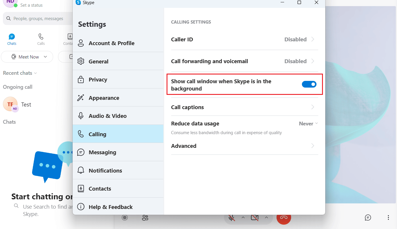 แสดงหน้าต่างการโทรเมื่อ Skype อยู่ในคุณสมบัติพื้นหลังจากการตั้งค่าการโทร