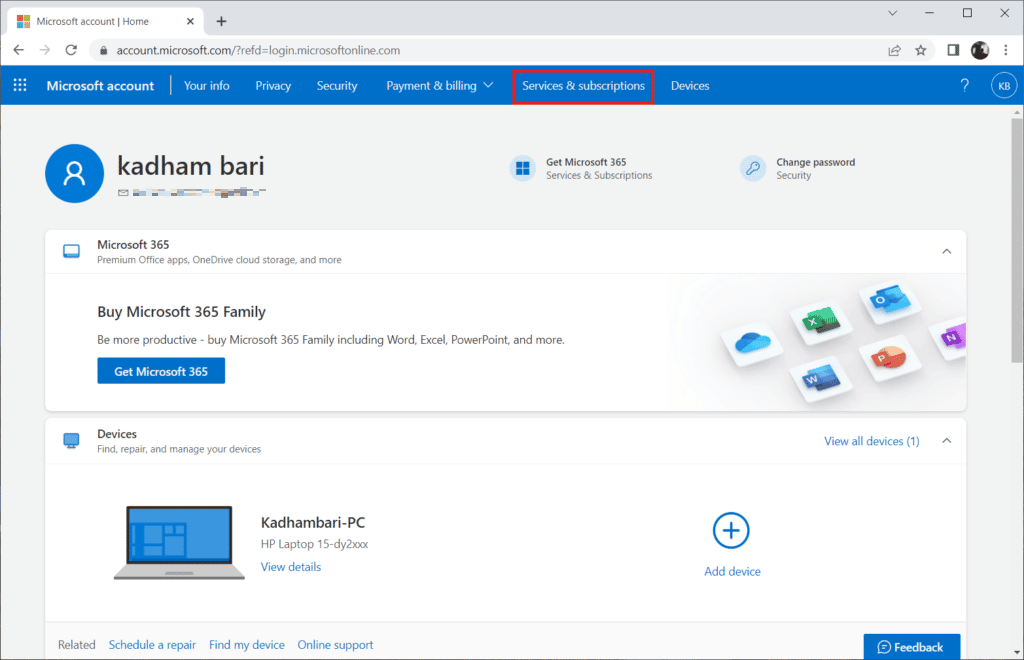 Microsoft 계정에서 서비스 및 구독 선택