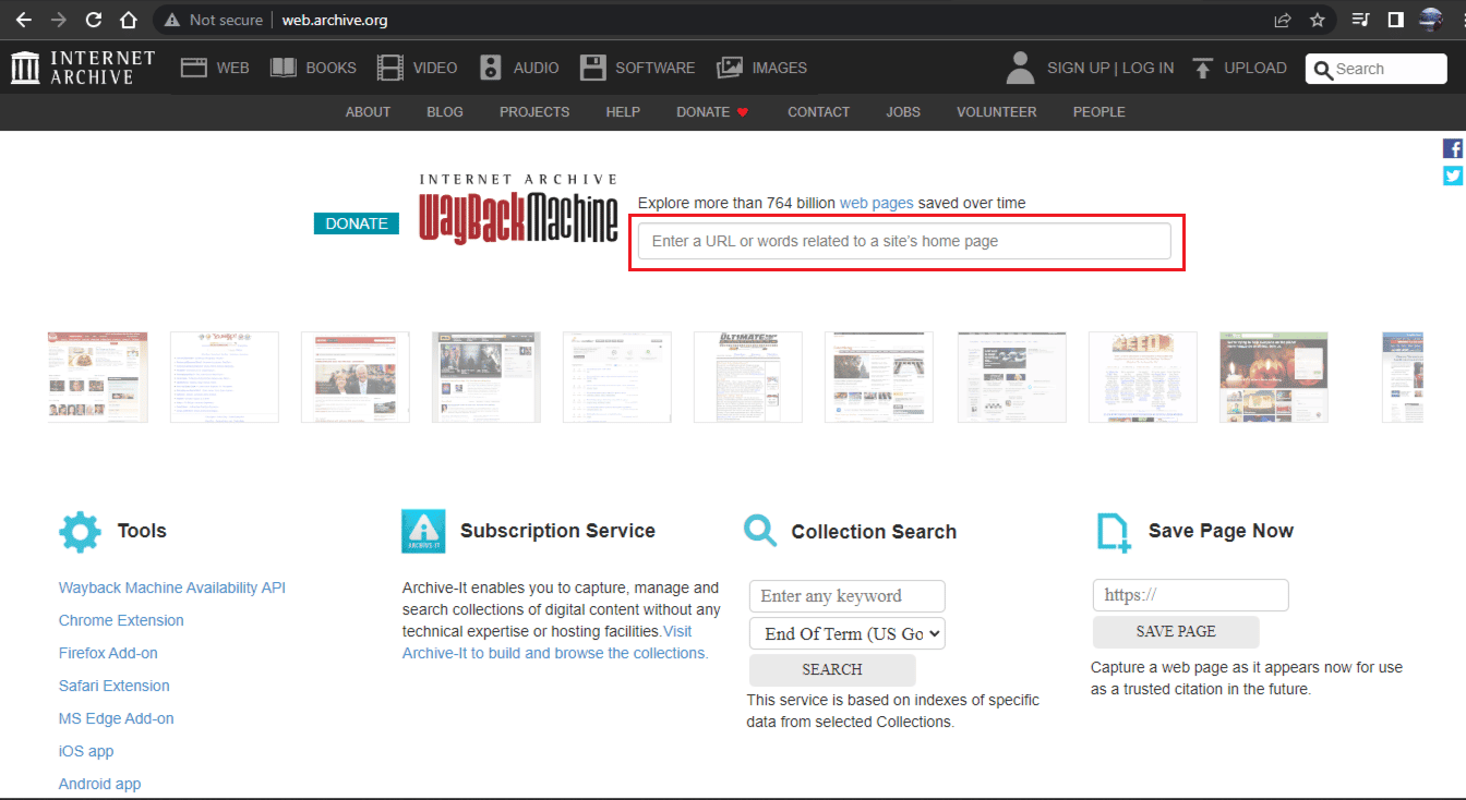 Copie o link de URL desejado de qualquer site e cole-o na caixa Digite um URL ou palavras relacionadas à página inicial de um site