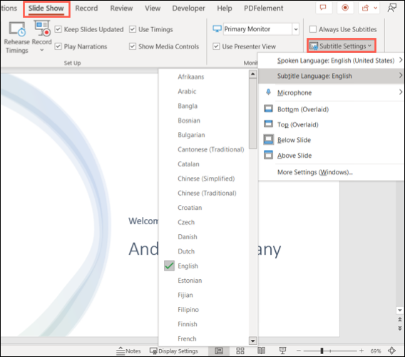 PowerPoint 中的字幕设置