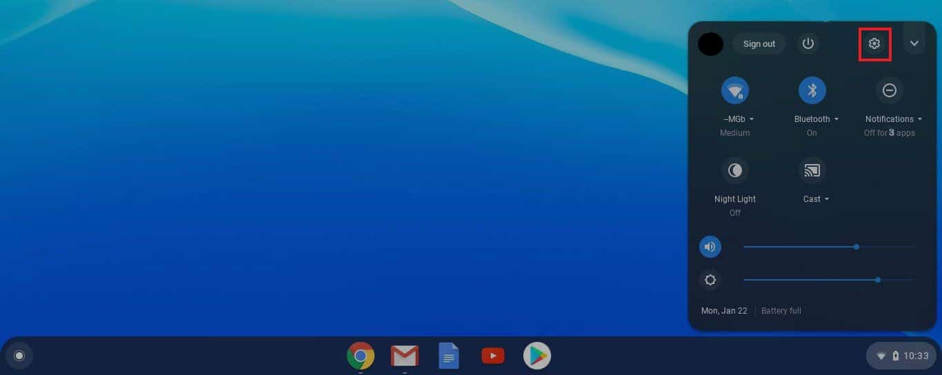 单击“时间”小部件并打开 Chromebook 上的“设置”。如何修复 Chromebook 键盘不工作