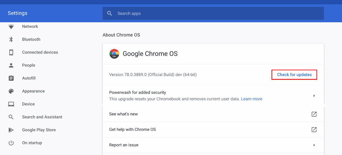 单击检查更新。如何修复 Chromebook 键盘不工作