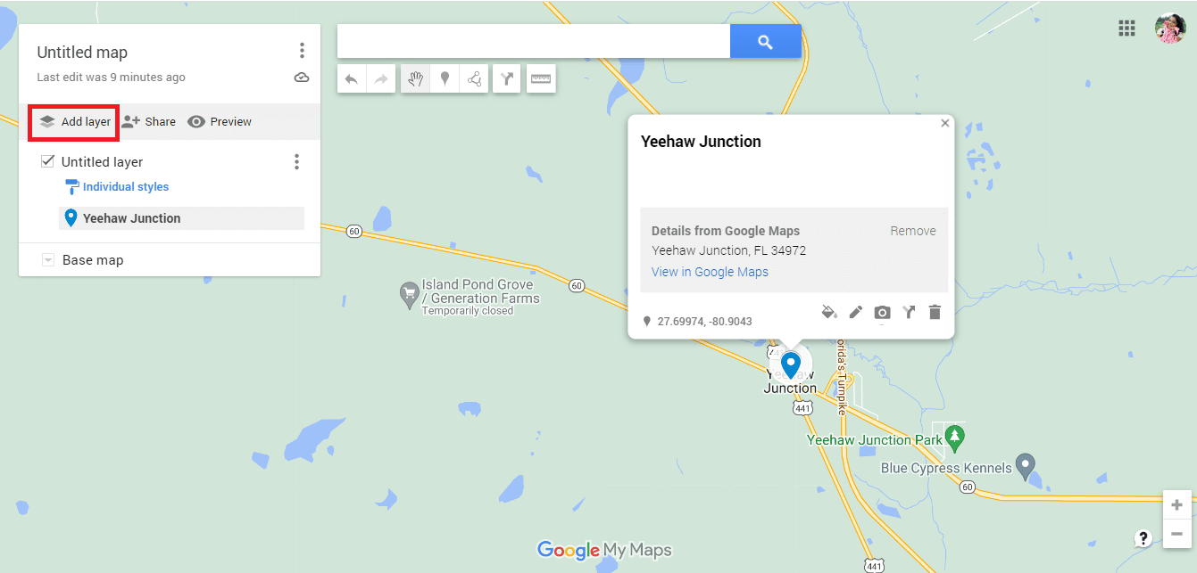 Yeni adsız Google Haritasına geri dönün ve Katman ekle'yi tıklayın