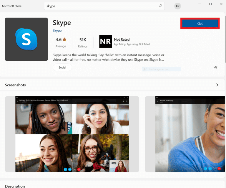 搜索 Skype 并单击“获取”