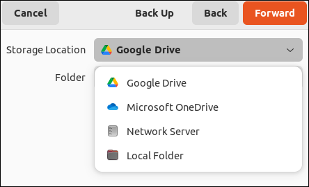 Selezionando Google Drive come destinazione in deja dup