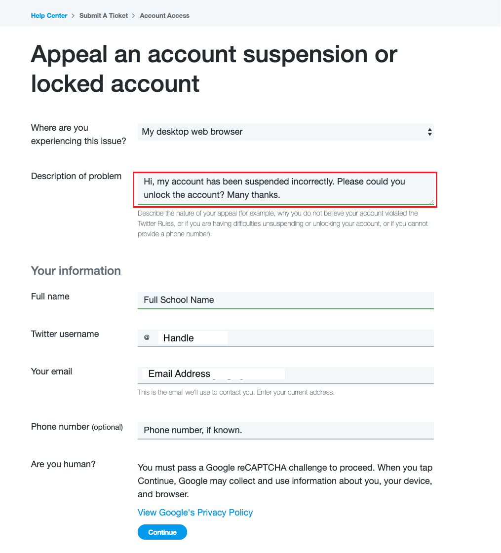 Descrizione del tuo problema nel centro assistenza di Twitter