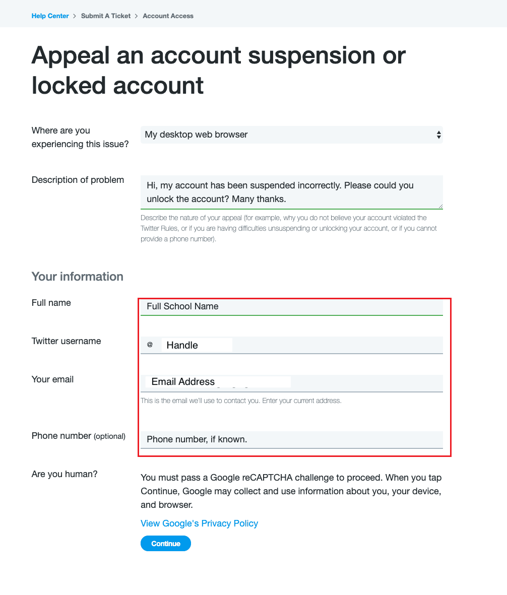 Aggiungi informazioni personali nella pagina del centro assistenza di Twitter