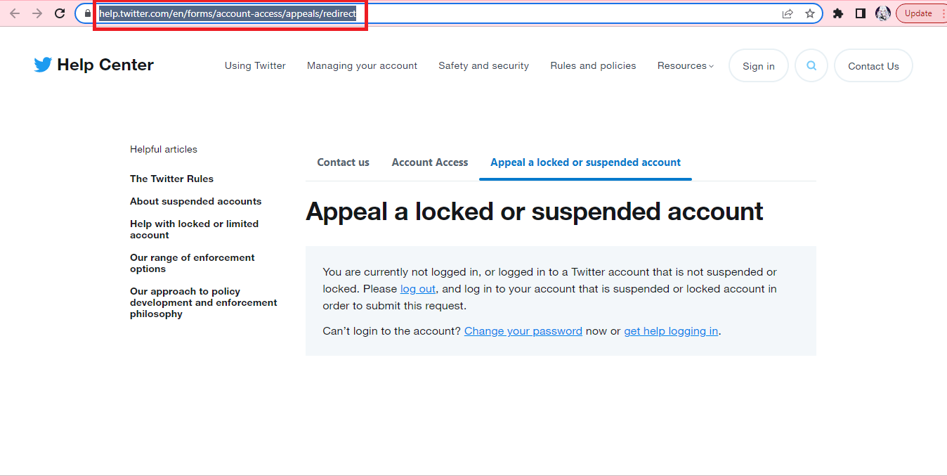 Centro assistenza di Twitter nel browser web. Come eliminare un account Twitter sospeso