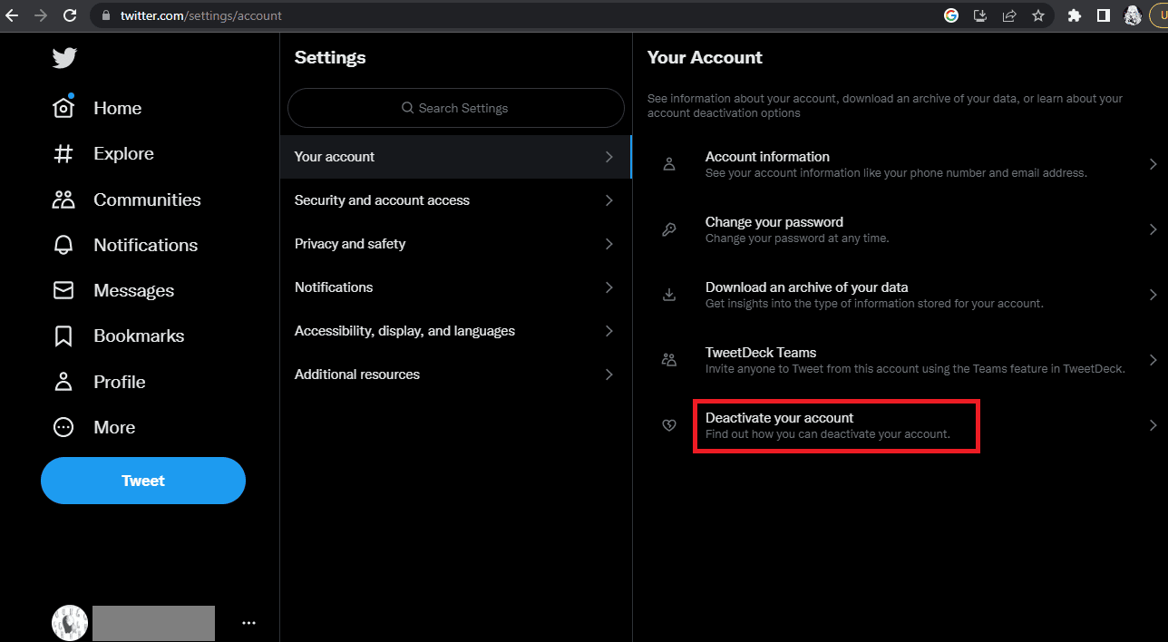 Individua e fai clic su Disattiva il tuo account. Come eliminare un account Twitter sospeso