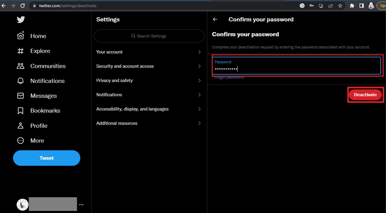 Inserisci la tua password e fai clic su Disattiva account. Come eliminare un account Twitter sospeso