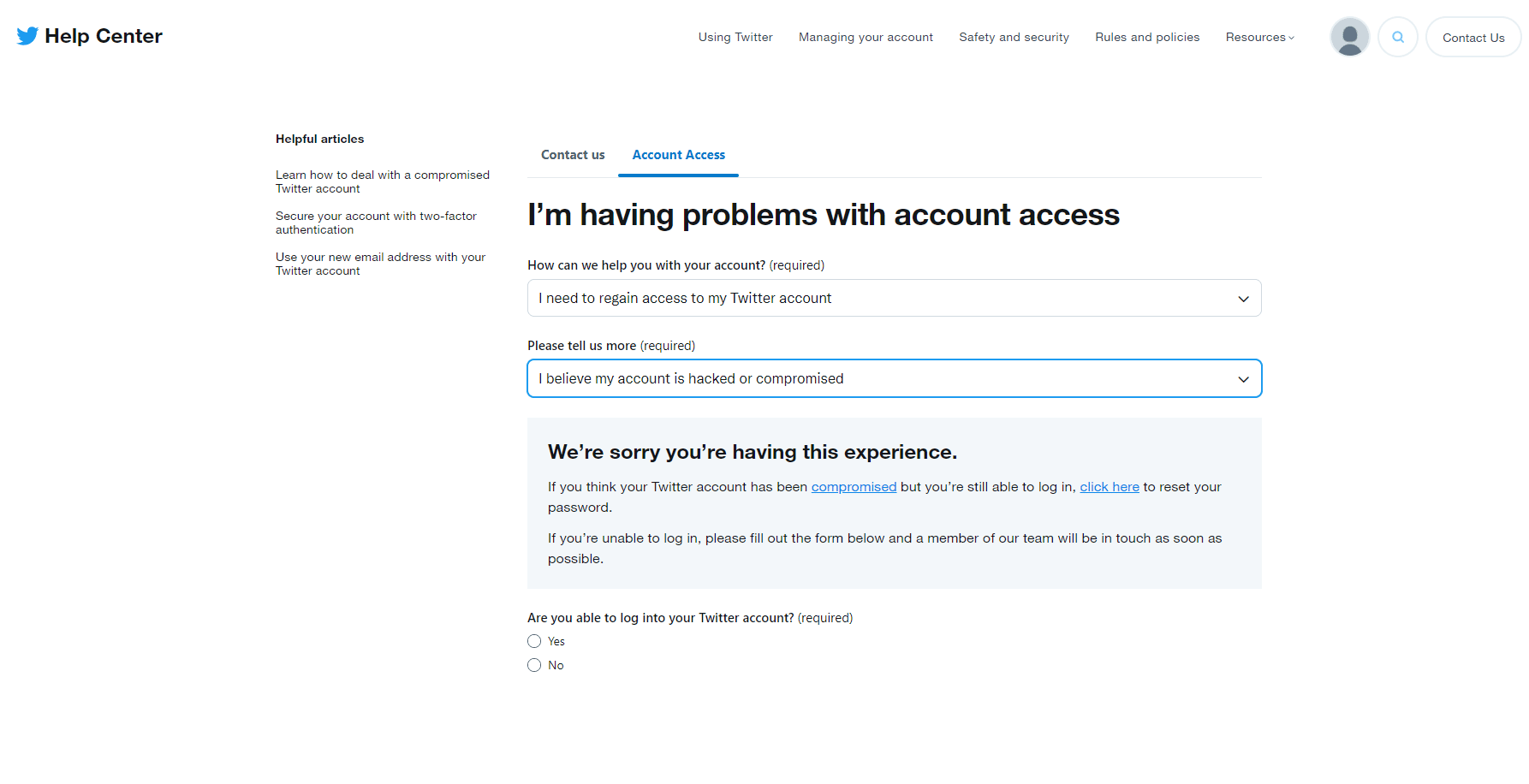 Pagina della guida per l'accesso all'account Twitter