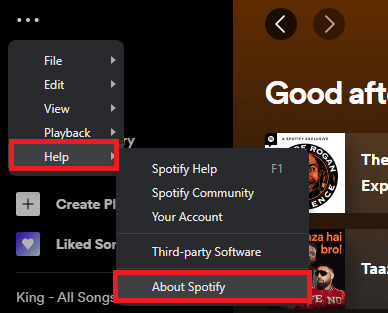 Yardım'a tıklayın ve spotify hakkında'yı seçin