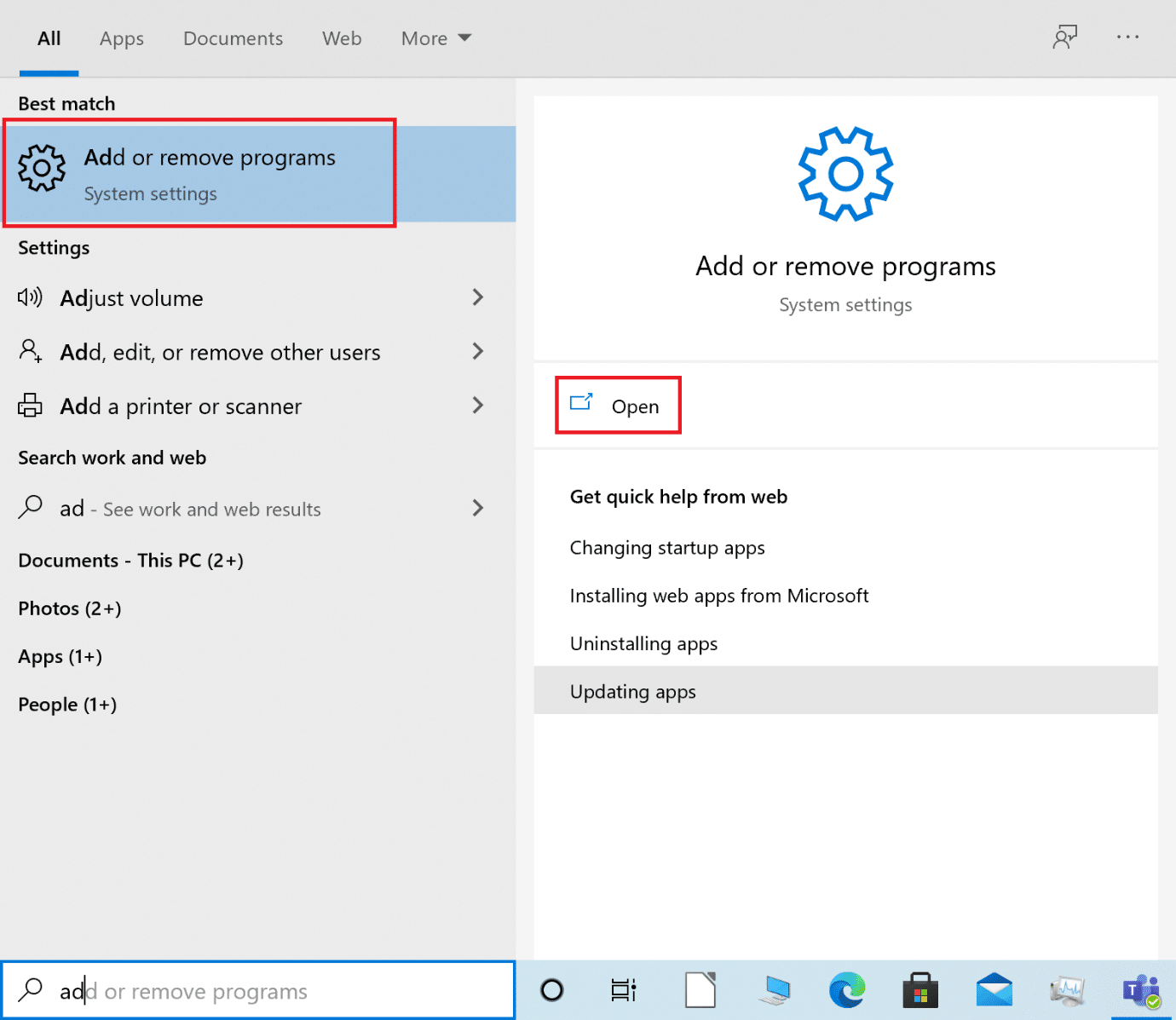 Windows aramasından program ekle veya kaldır'ı başlatın