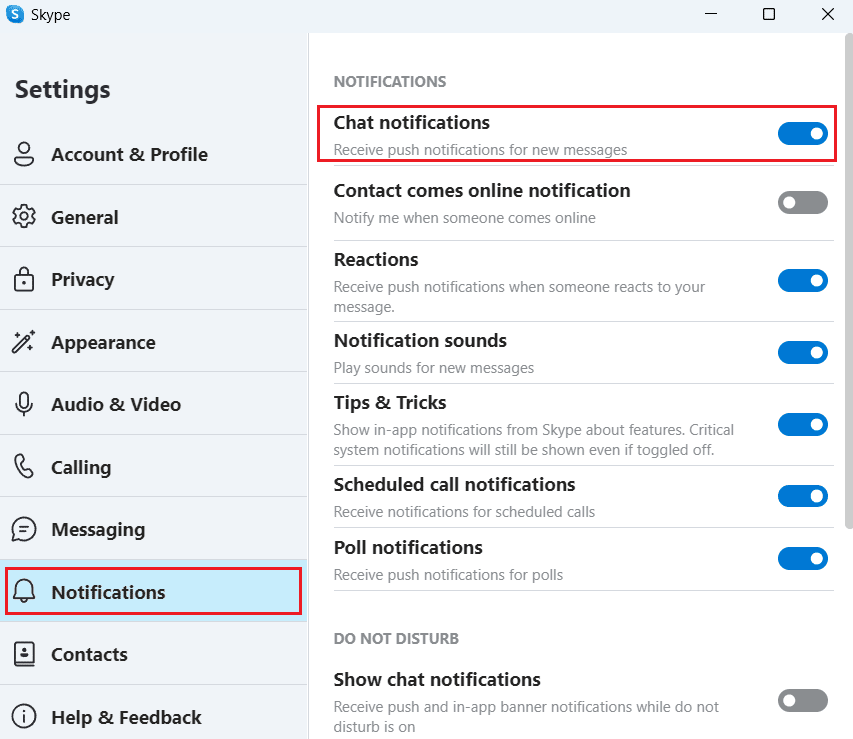 Tab notifikasi - matikan toggle untuk opsi notifikasi Chat | Cara Mematikan Layar Terbagi Skype