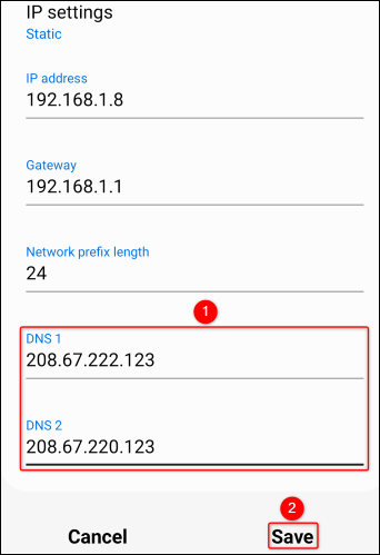 両方の DNS アドレスを入力し、[保存] をタップします。