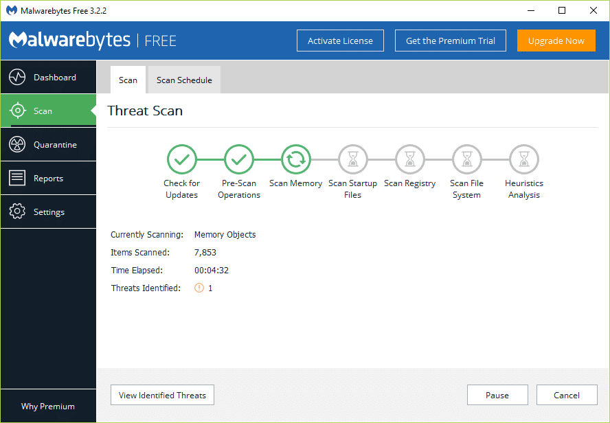 Perhatikan layar Pemindaian Ancaman saat Malwarebytes Anti-Malware memindai PC Anda