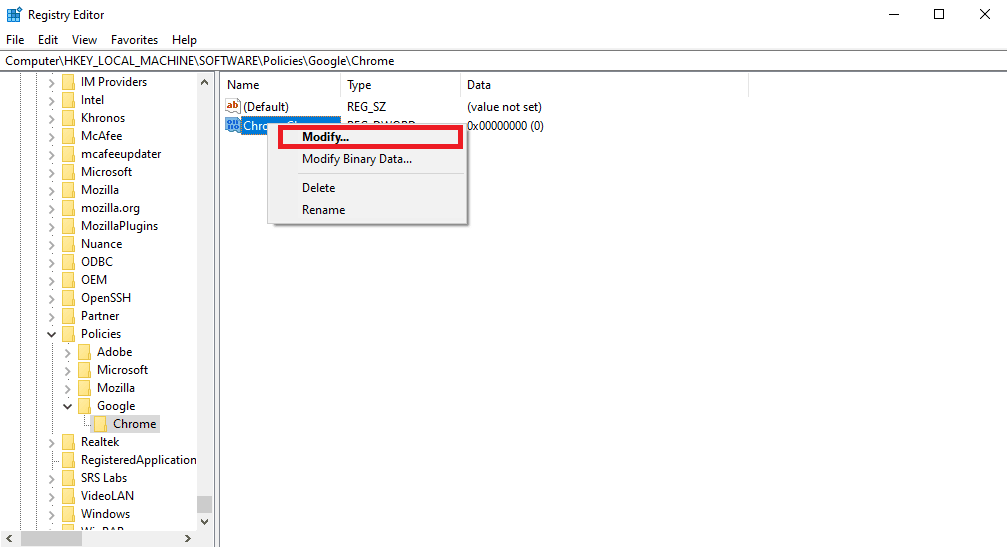 Klik kanan pada kunci baru dan klik Modifikasi. 12 Cara Memperbaiki Penggunaan CPU dan Memori Tinggi Google Chrome di PC