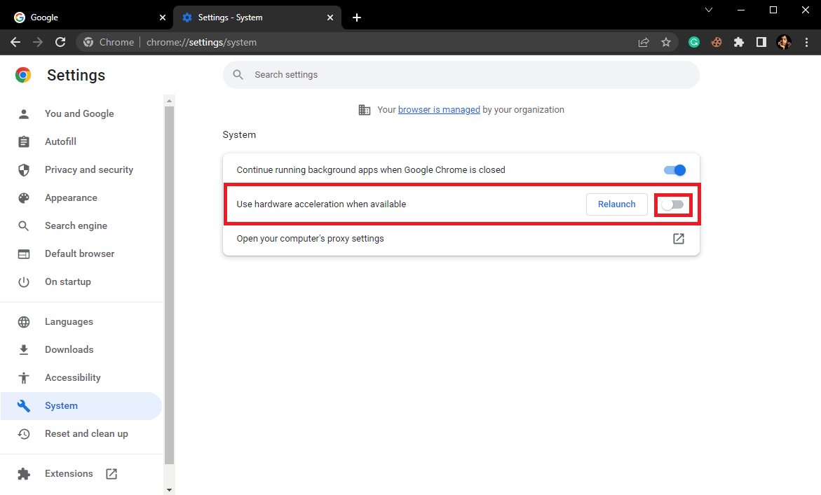 Nonaktifkan Gunakan akselerasi perangkat keras bila tersedia. 12 Cara Memperbaiki Penggunaan CPU dan Memori Tinggi Google Chrome di PC