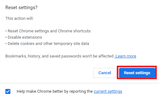 klik tombol Atur ulang pengaturan untuk mengatur ulang Google Chrome ke pengaturan default