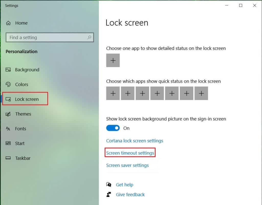 转到锁定屏幕并单击屏幕超时设置 windows 10