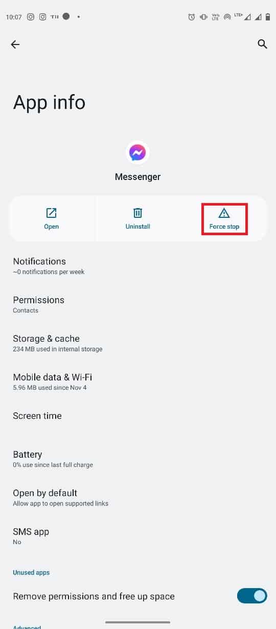 Temukan dan ketuk ikon Paksa berhenti. Perbaiki Tidak Bisa Mengubah Gambar Profil Messenger di Android