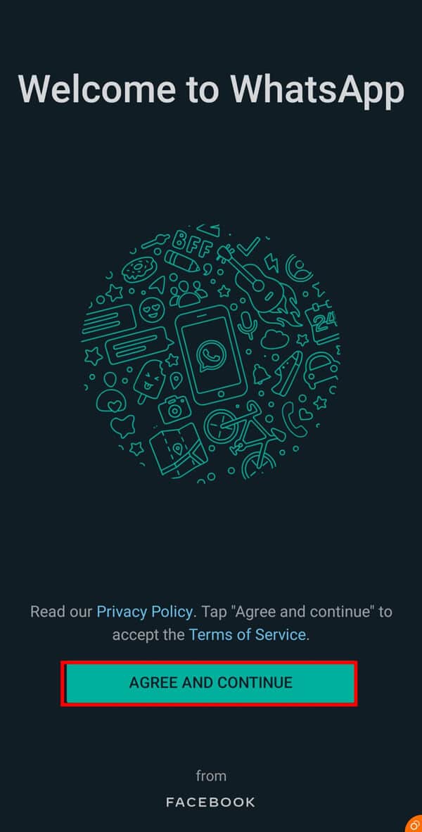 Avvia "WhatsApp" e tocca il pulsante Accetta e continua nella pagina di benvenuto.