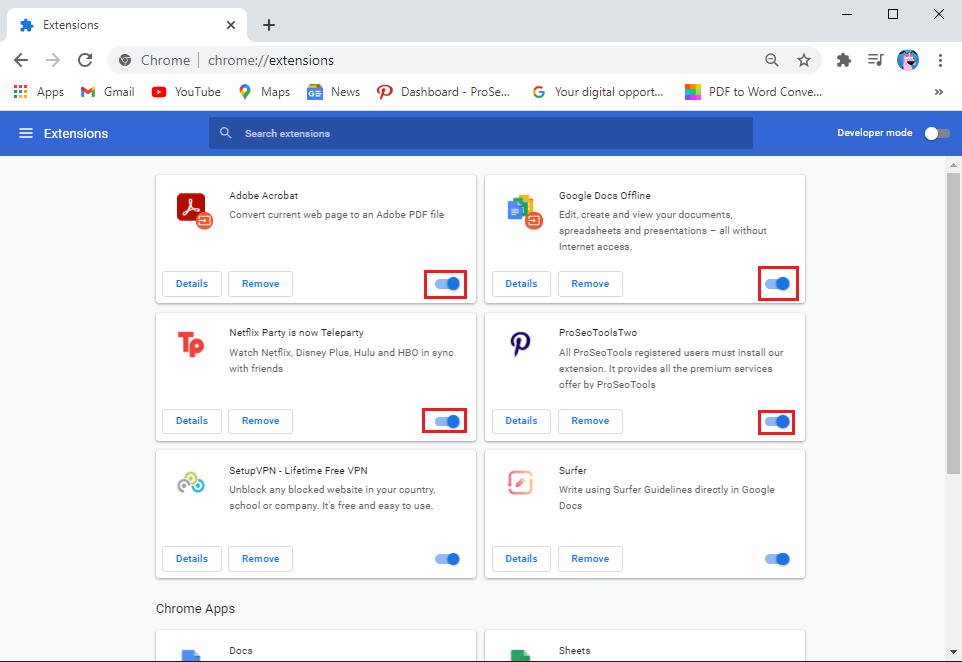 关闭每个扩展旁边的开关以禁用它。修复 Google Chrome 中病毒扫描失败错误的 11 大方法